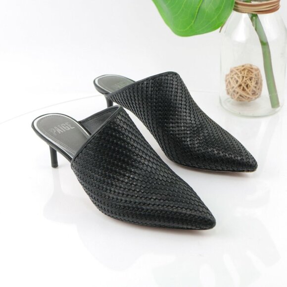 Page Womens Epic Mule Pump Size 6 Black Leather Woven Kitten Heel Pointed SlipOn - Picture 3 of 12